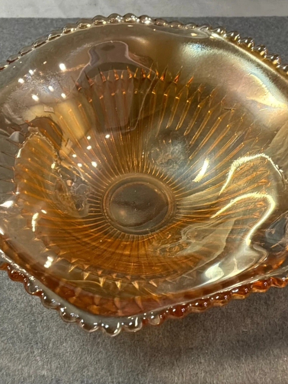 Amber Glass Decorative Bowl with Ribbed Sunburst Pattern